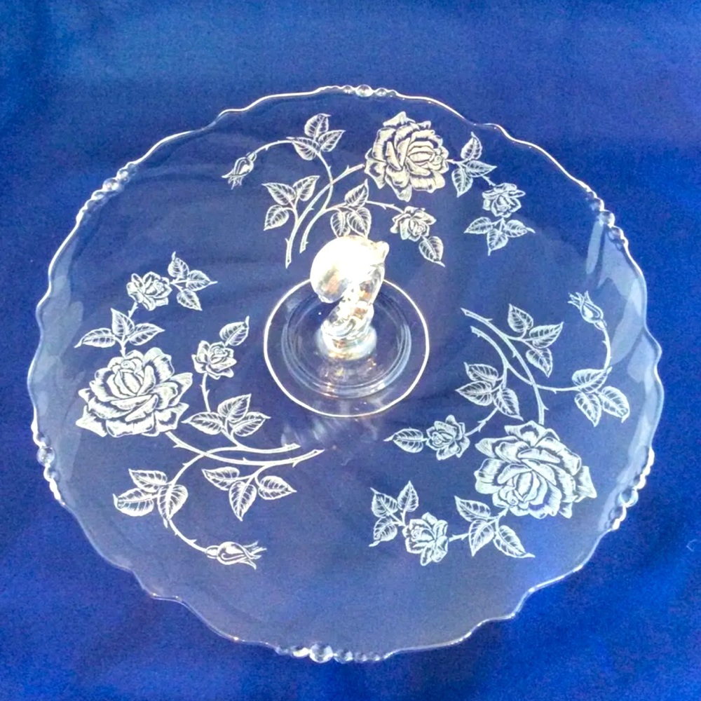 Heisey Rose Center Handle 14" Serving Tray Etched Rose Design 1949-57 Crystal